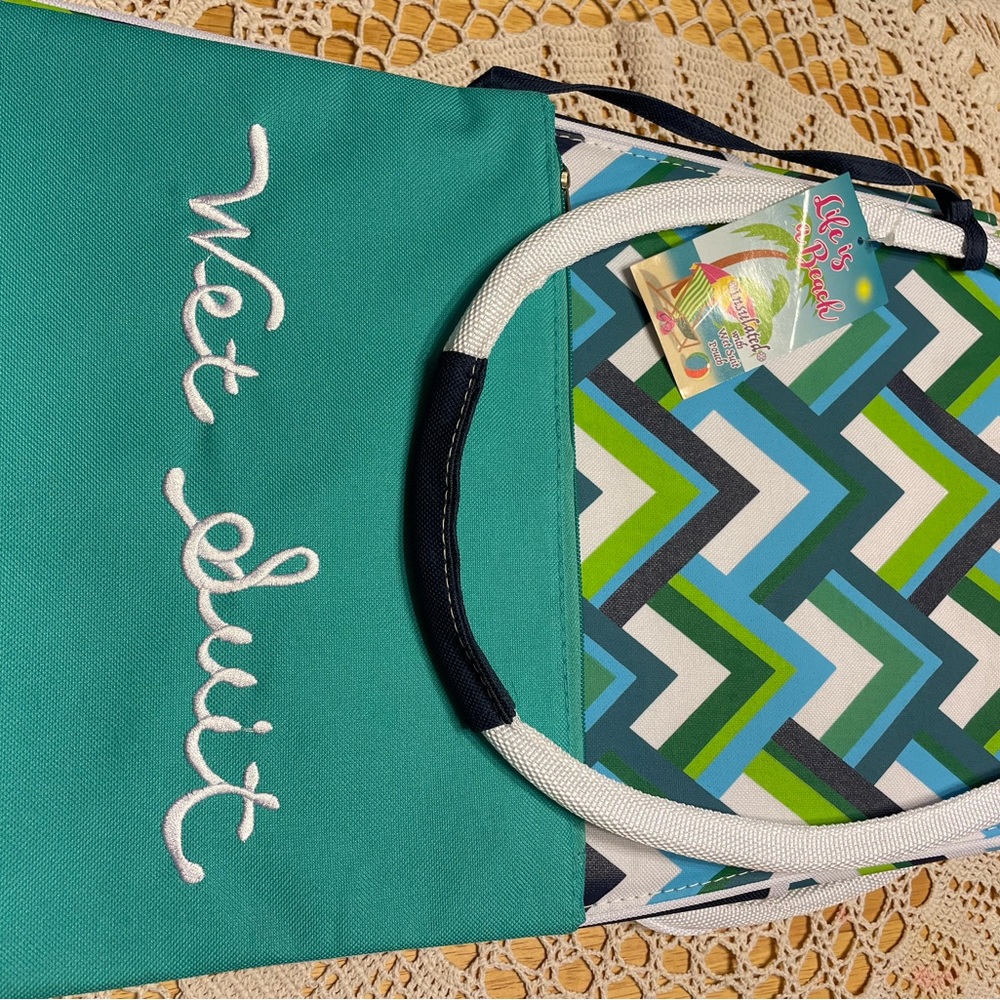 Insulated beach bag with wet suit pouch attached.